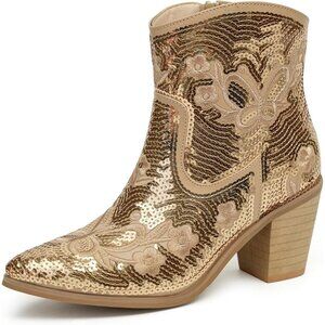 Women's Sparkling Gold Shiny Sequin Embroidery Ankle Pointed Toe Western Boot
